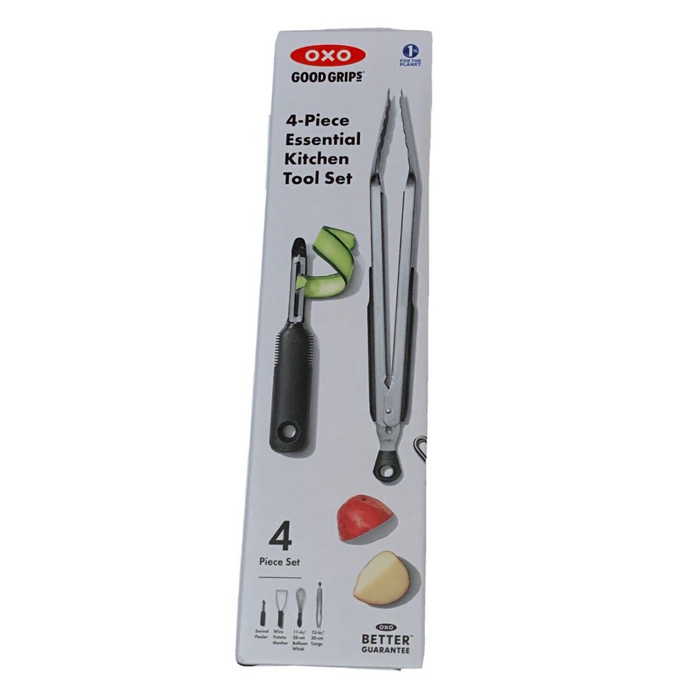 OXO Good Grips 4 Piece Essential Kitchen Tool Set Peeler Masher Whisk Tongs NIB